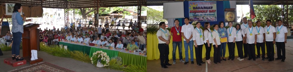 (left photo) RD Florida M. Dijan delivering her message; (right photo) RD Dijan and OIC-CD Herman with the barangay officials of Cutcut, Angeles City during the turnover of the SOBA of PB Nepomuceno