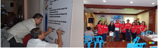 Left: City of Malolos Mayor Christian Natividad and LGOO VI Anselmo Ortiz Jr. sign the CSIS Pledge of Commitment;Right: LGOO V Mae Catherine Quintana awards Certificate of Appreciation to Bulacan State University