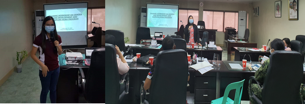 (from left to right) LGOO VI Pesimo facilitates the training with the local functionaries and Disiplina Muna Focal Person Gatdula as she shares her guiding message.